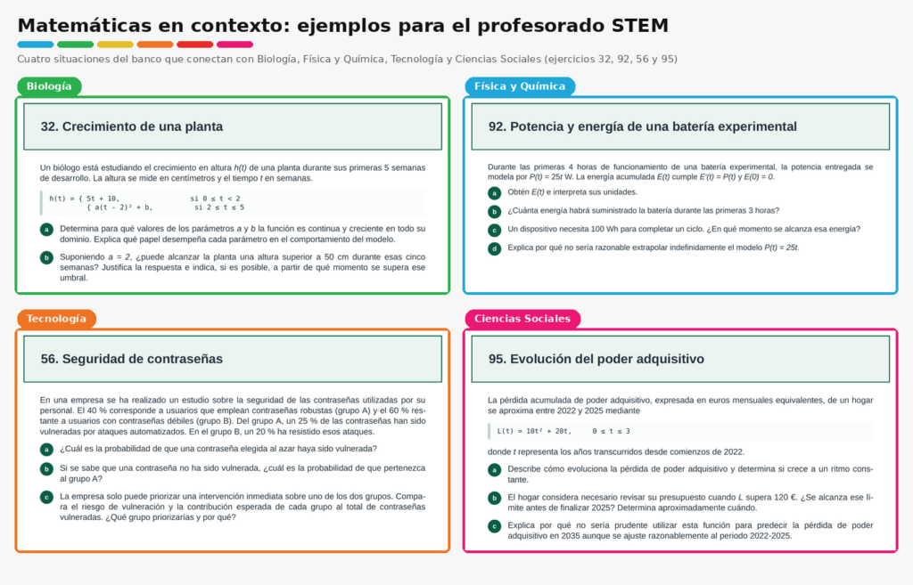 Ejercicios PAU de matemáticas CCSS II aplicados a Biología, Física y Química, Tecnología y Ciencias Sociales: planta, batería, contraseñas y poder adquisitivo.